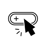 White circle containing a black stroke icon showing a mouse cursor clicking on a capsule style button with a + in the left hand corner