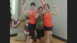 Alda Ollacillium (center) with her fit hero, BODYPUMP™ instructor Rebecca Goff (right) and another BODYPUMP™ instructor, Tammy Rael (right).